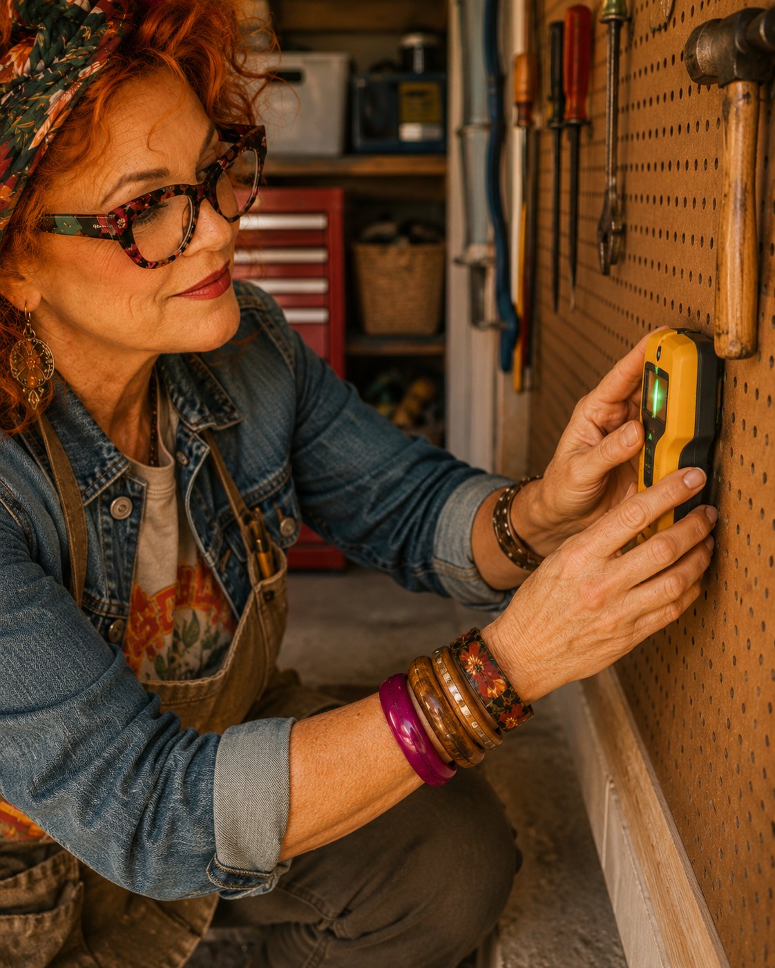 Winnie using a stud finder along a garage wall.