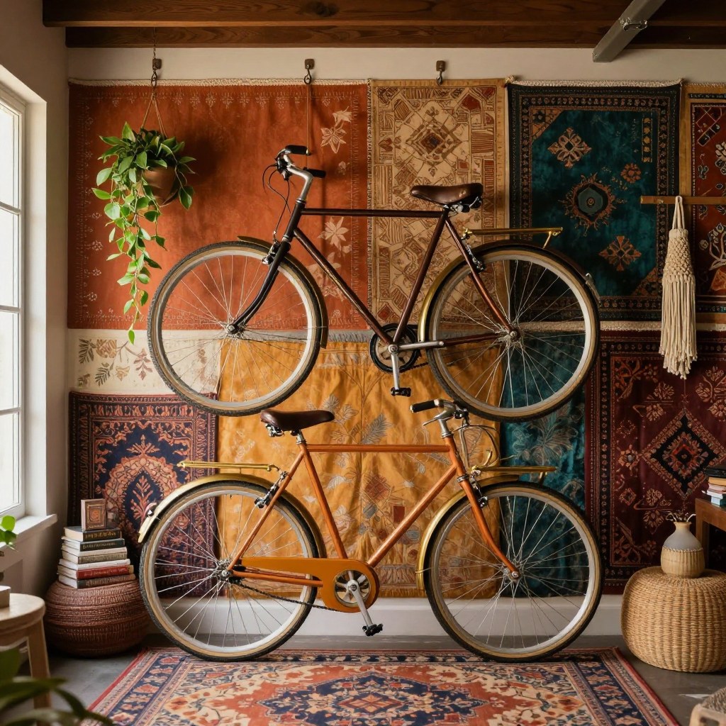 Winnie Hollowell hanging a bike on a vertical wall-mounted rack in a small garage.