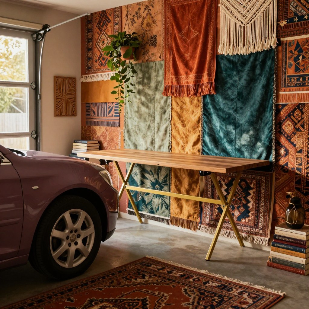 Winnie Hollowell working at a folded-down wall-mounted workbench with a car parked beside it.