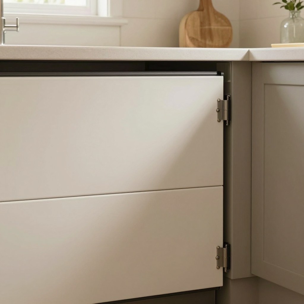 A closed tambour-door appliance garage built into a kitchen counter corner