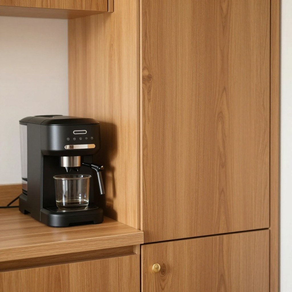 A small kitchen counter with one coffee maker left visible and other appliances tucked behind a cabinet door