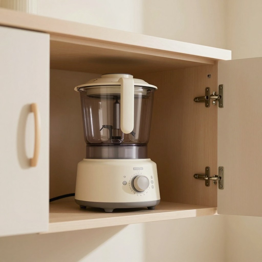 A wall cabinet with a lift-up front raised, revealing a small food processor stored inside