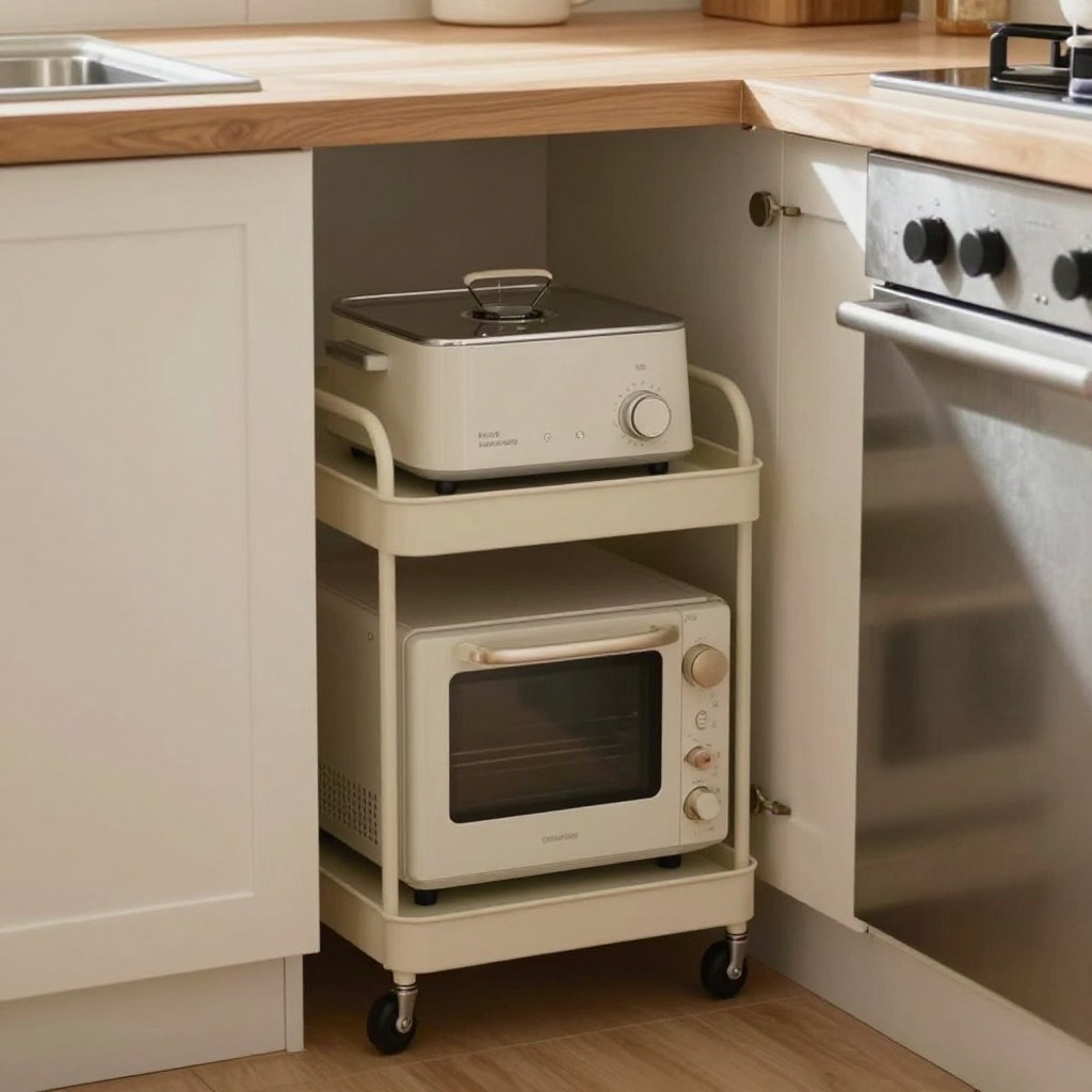 A narrow rolling cart holding two small kitchen appliances, tucked into a kitchen corner