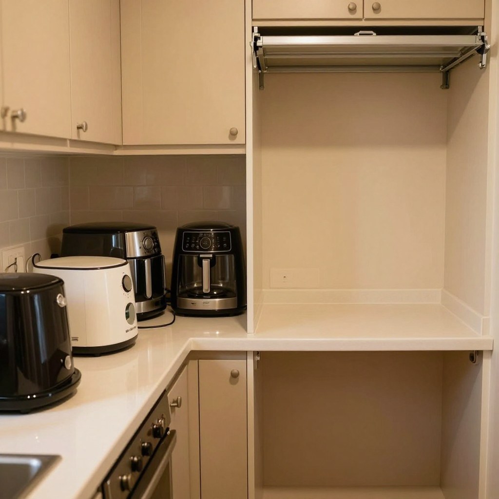 A cluttered open kitchen counter with several appliances beside the same counter after two were moved into a closed appliance garage