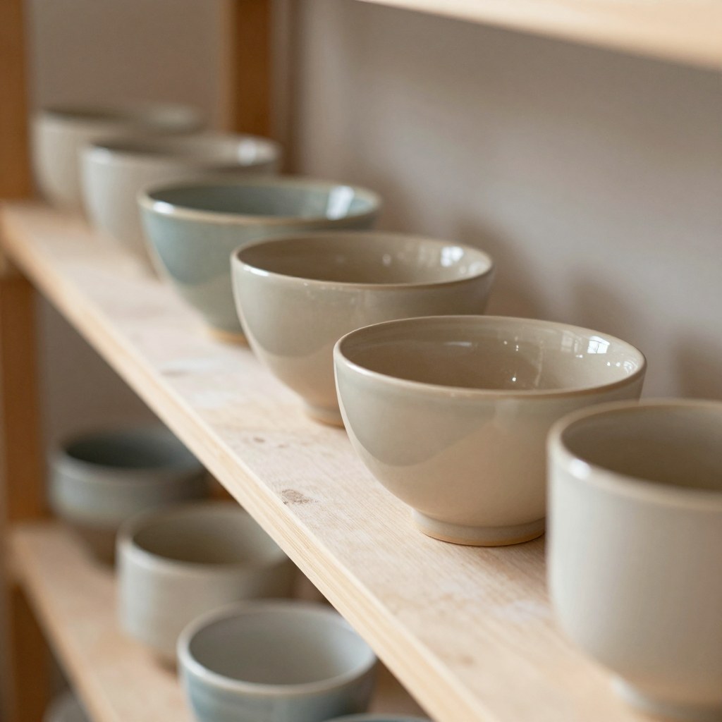 A row of finished ceramic bowls and cups drying on a studio shelf, some glazed, some still raw clay color