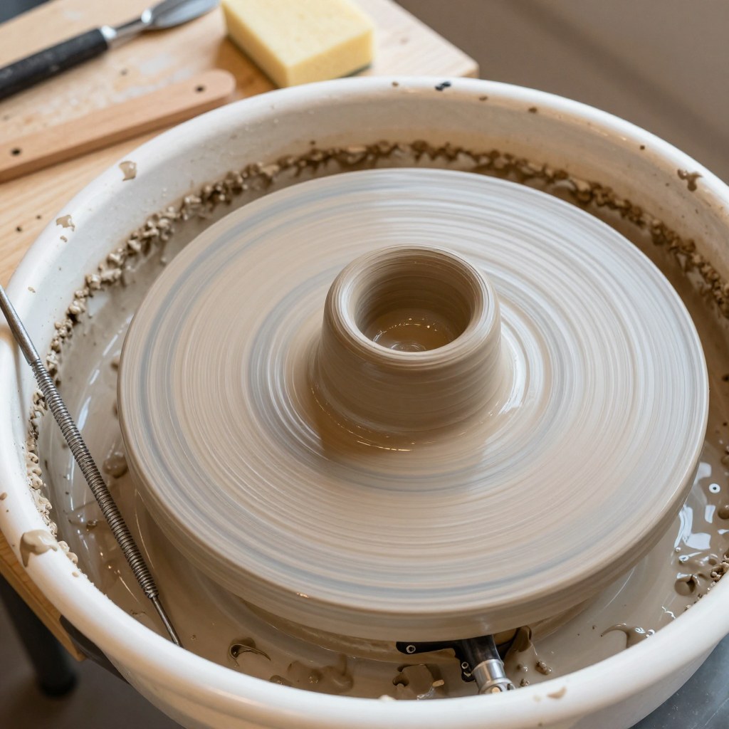 A cup taking shape mid-centering on a spinning pottery wheel, tools laid out on the workbench beside it