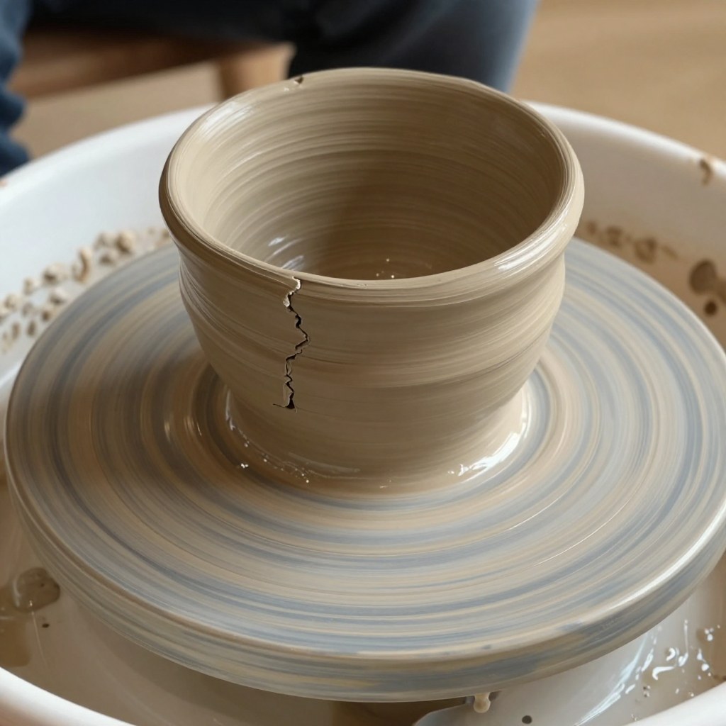 A cup wall tearing straight down one side mid-throw on the pottery wheel