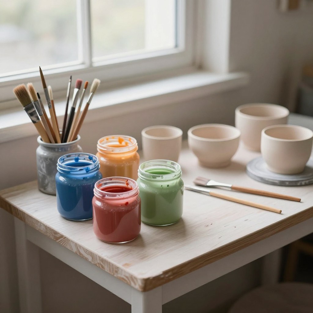 A ceramics studio glazing station with jars of colored glaze and a few bisque-fired pots waiting their turn