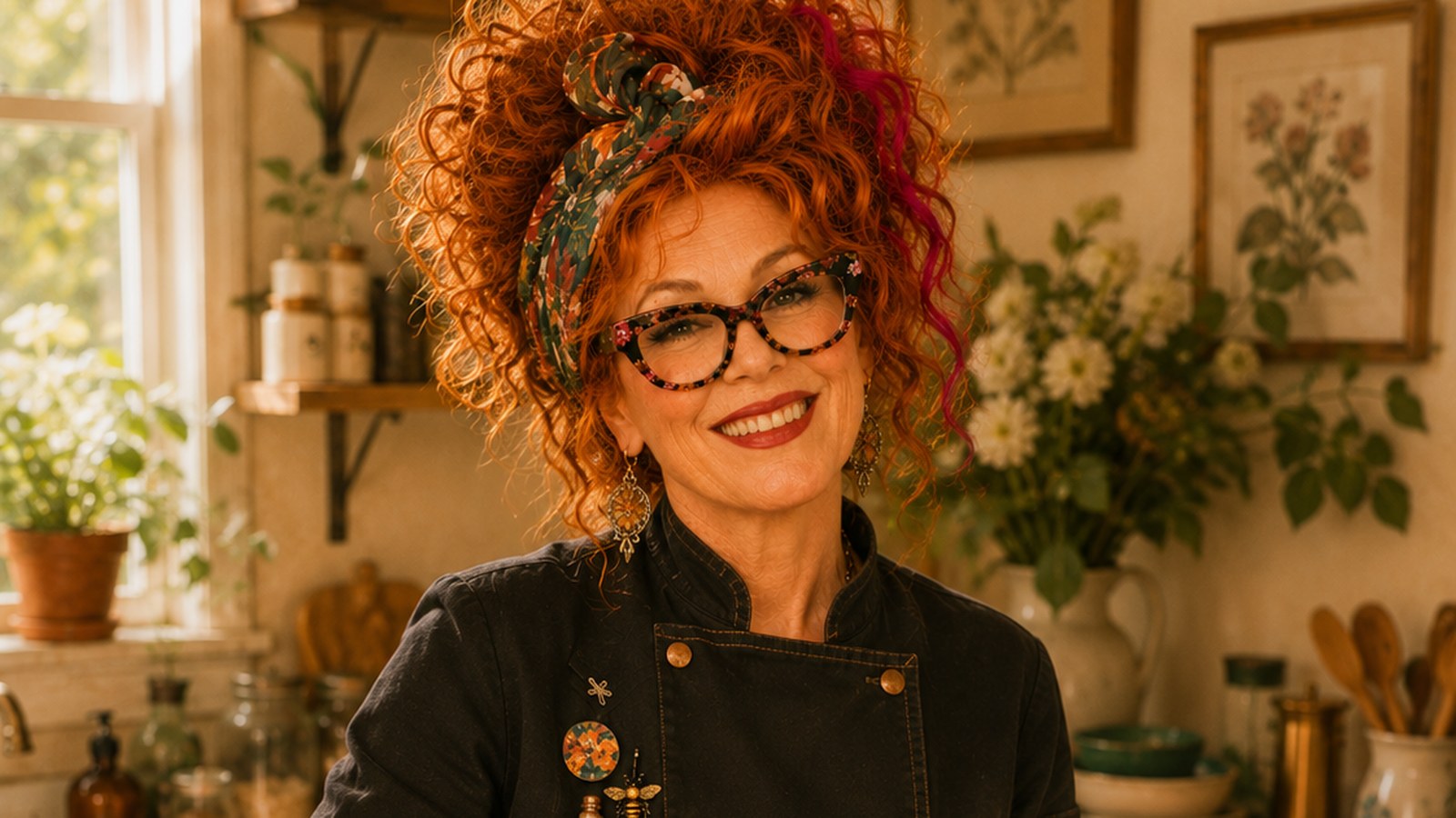 Winnie Hollowell stirring a pot on the stove in her small, plant-filled kitchen