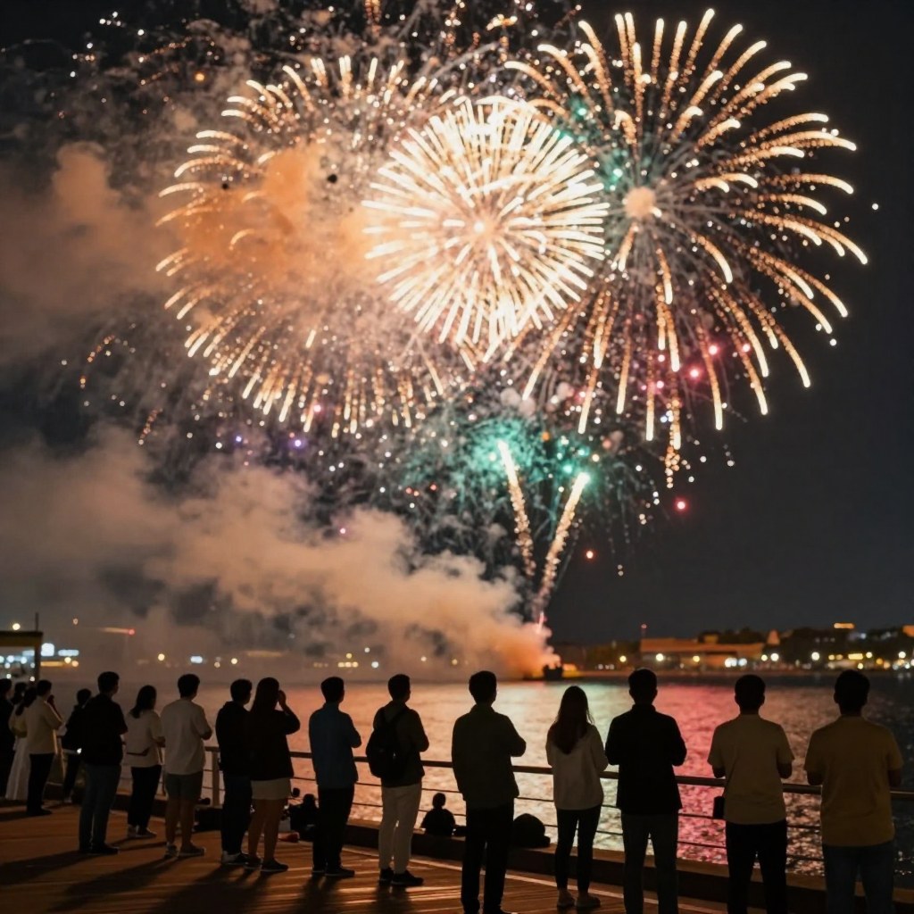 Fireworks bursting over a dark waterfront, silhouettes of a crowd watching from the boardwalk