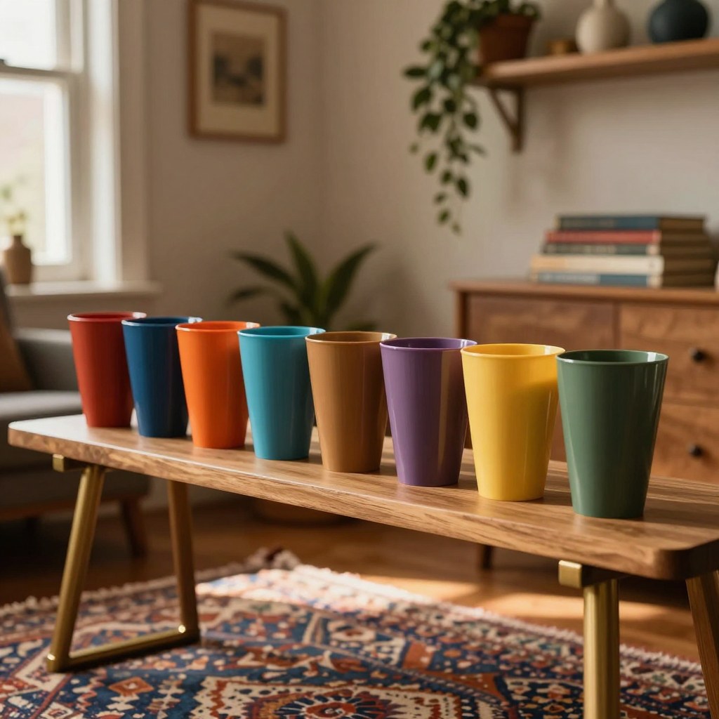 A row of eight visibly different colored novelty cups collected over several summers, no two alike, no color coordination