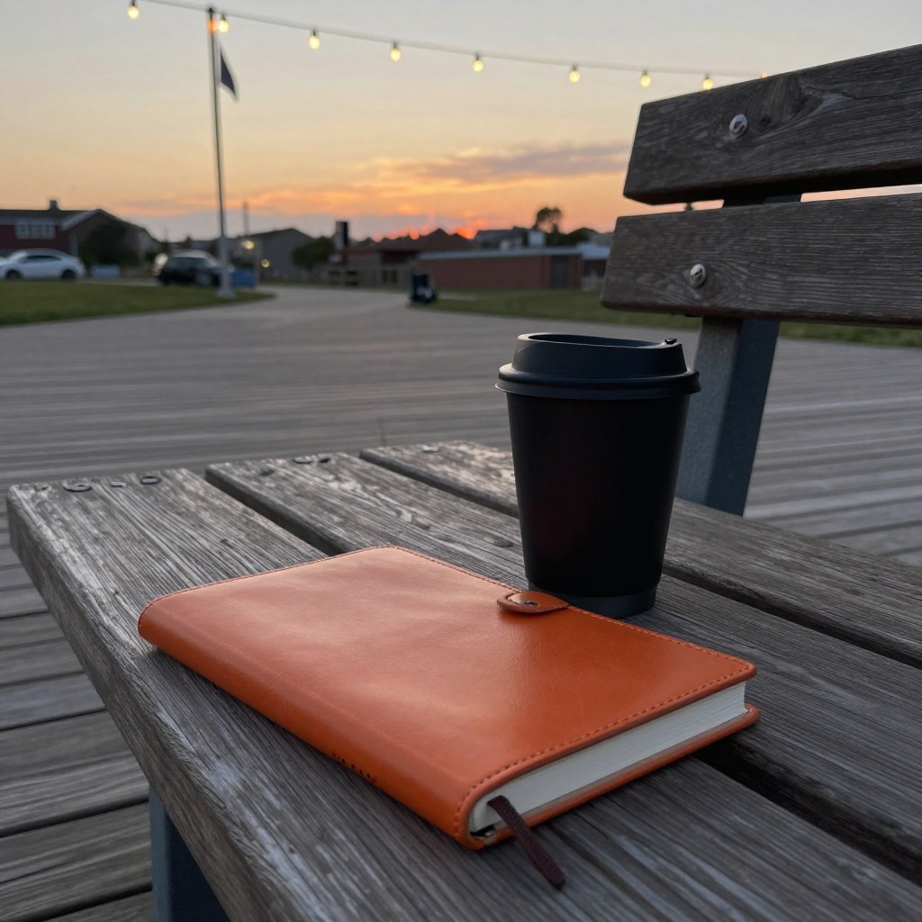 A closed notebook and a travel coffee mug resting on a boardwalk bench at dusk with string lights glowing overhead