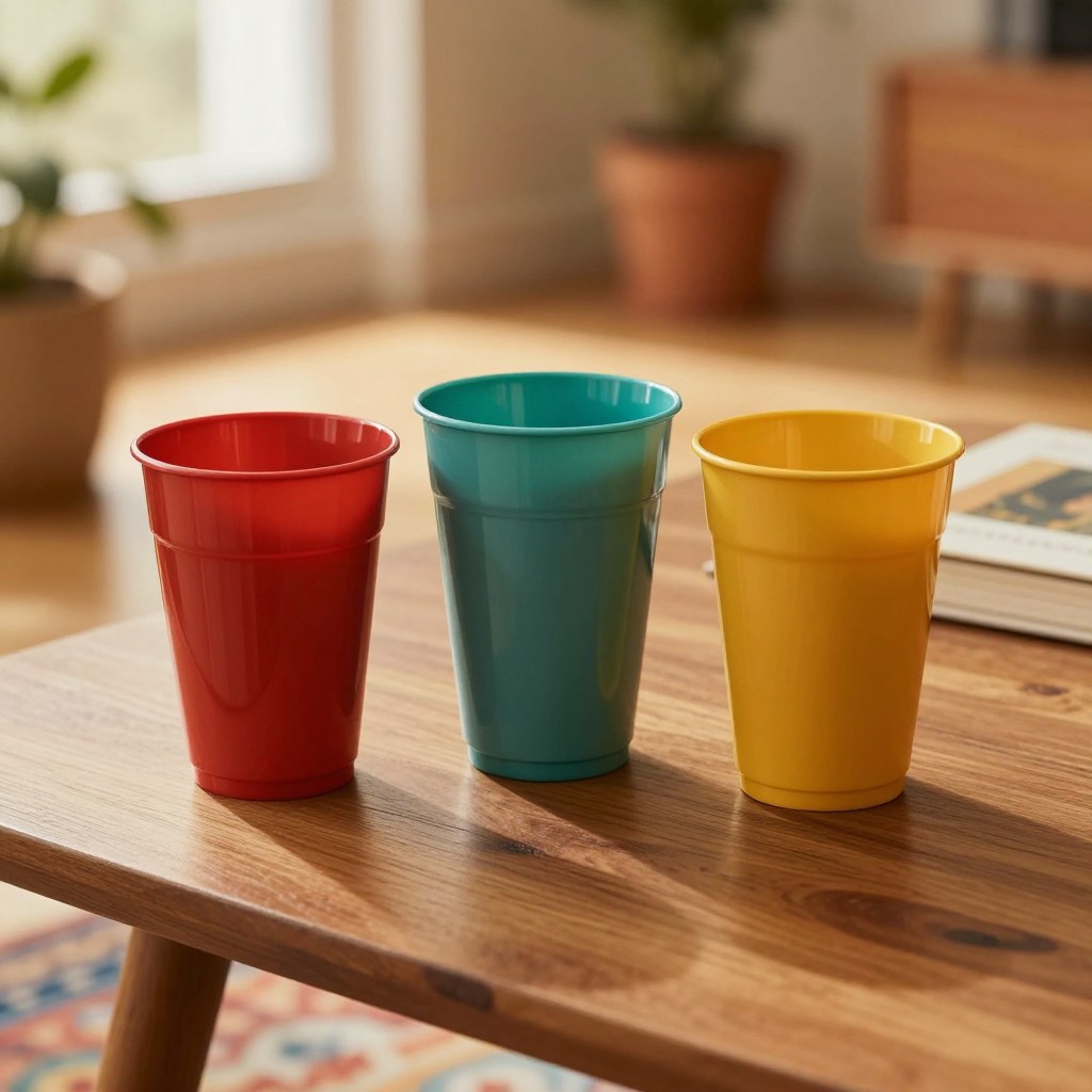 A close-up of three of the mismatched cups sitting unevenly together, no chronological order