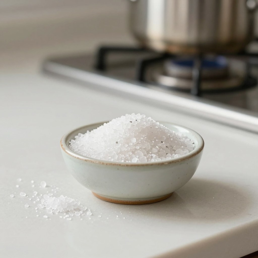 A small ceramic pinch bowl heaped with coarse salt, ready to season the cooking water, with a blurred stovetop in the background
