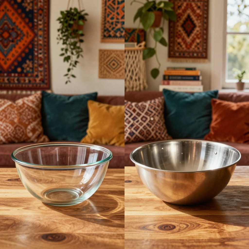 Three nesting bowl material groups laid out side by side: stainless steel, glass, and plastic