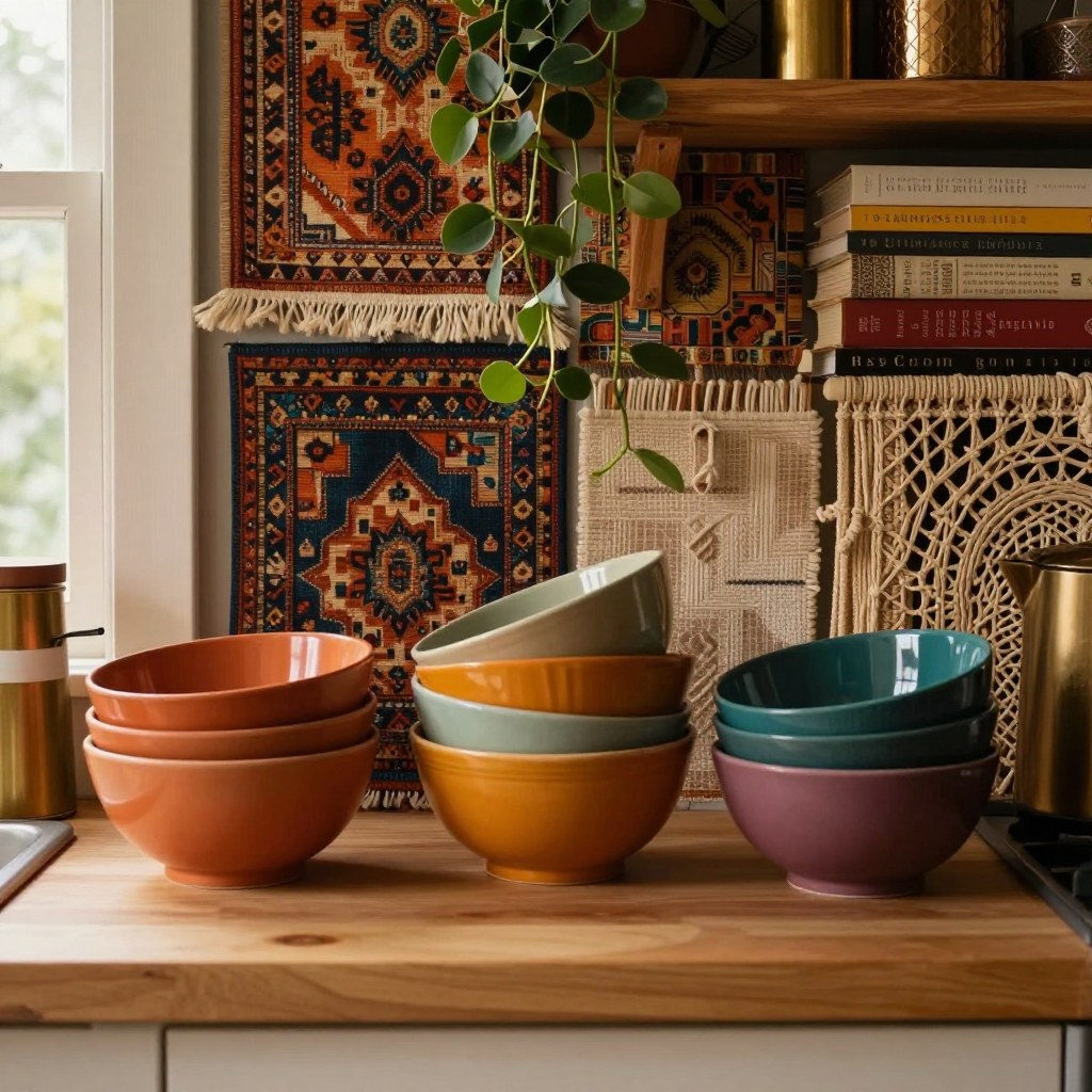 Mismatched bulky mixing bowls tumbling off a low open shelf onto the floor
