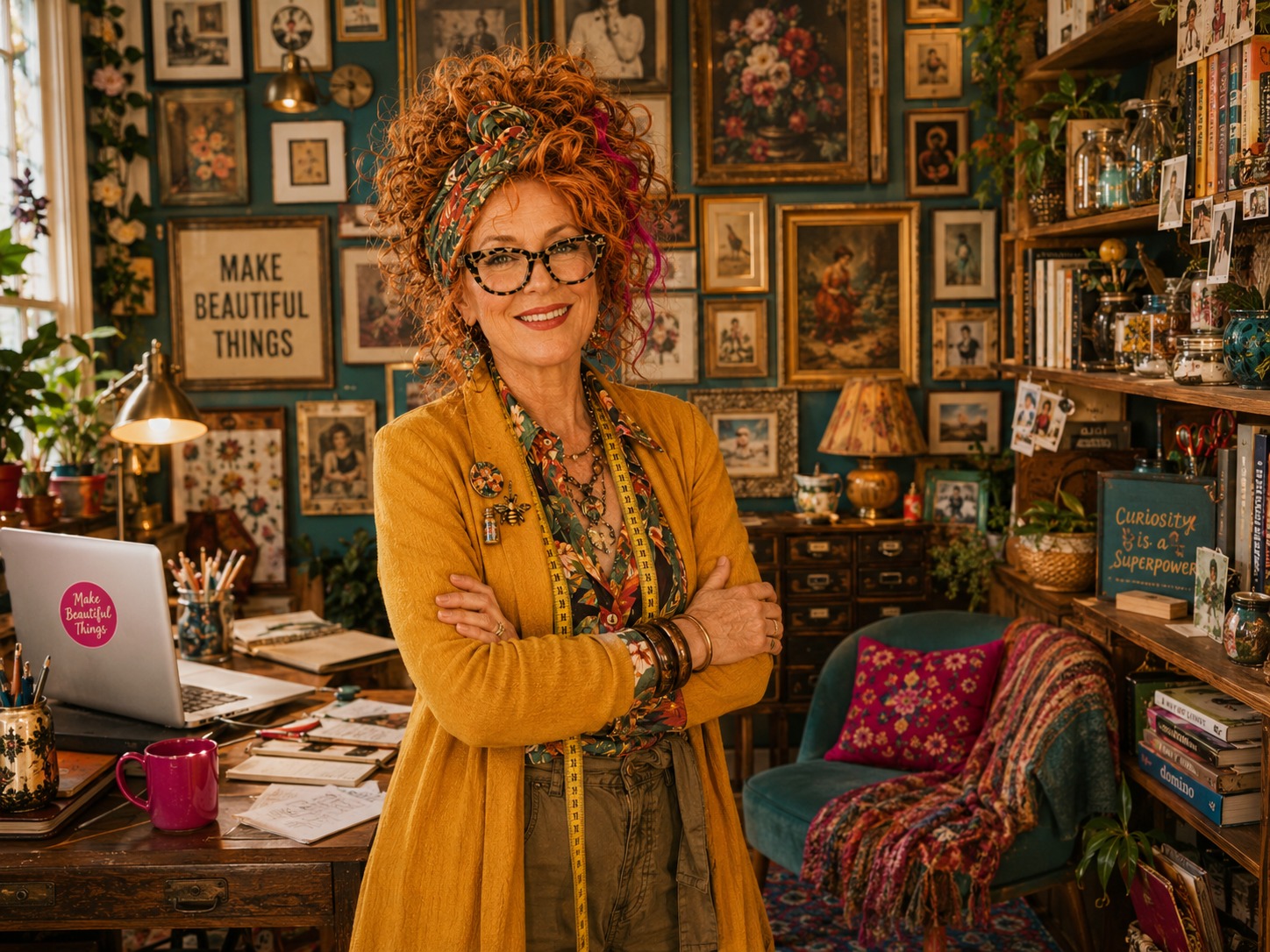 Winnie Hollowell in a warm, compact home office surrounded by practical desk tools and plants.