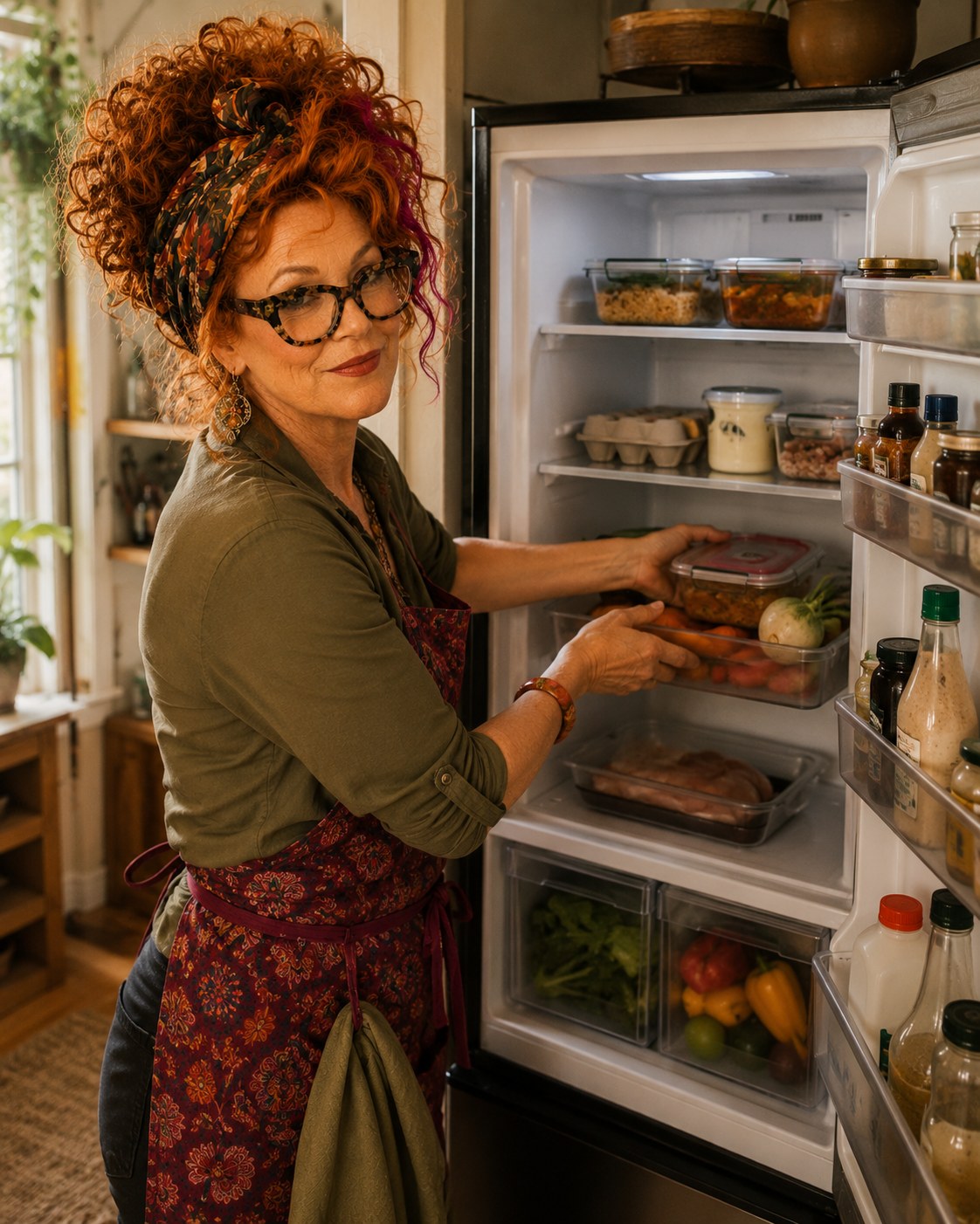 Winnie Hollowell arranging leftovers, produce, dairy, and raw ingredients into clear zones inside a compact refrigerator.