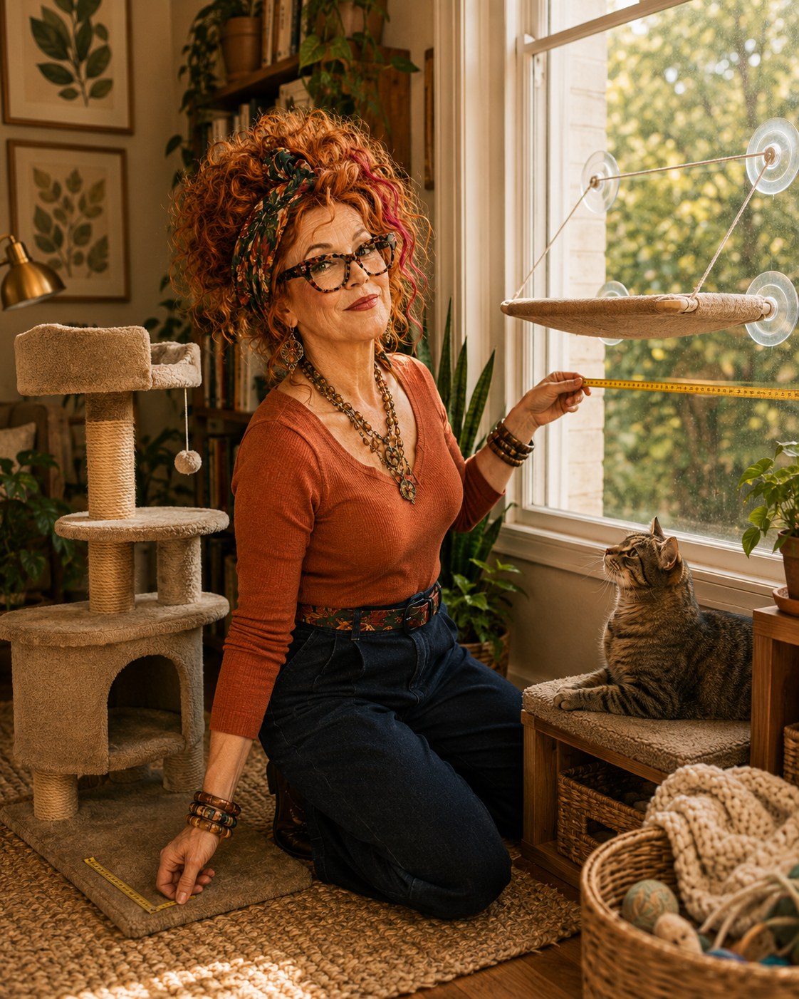 Winnie Hollowell comparing a generic compact cat tree in one corner with a generic suction window perch on clean glass in a small apartment.
