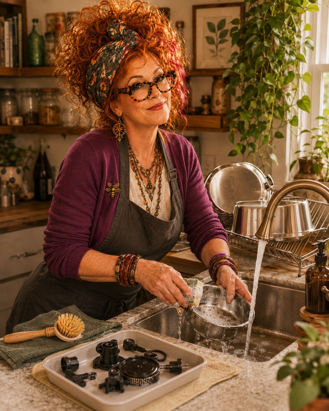 Winnie Hollowell washing generic stainless pet bowls with soap and hot water in a small kitchen sink, with a separate brush and drying rack.