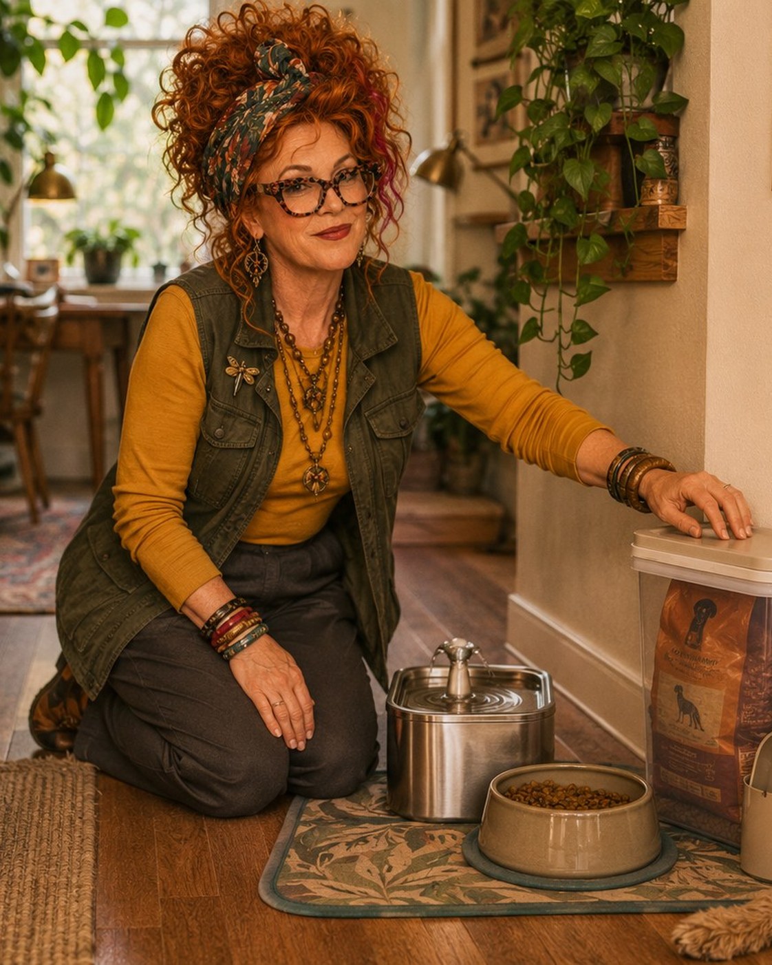Winnie Hollowell arranging generic pet bowls, a washable mat, original food bag in a sealed bin, and a compact fountain in a small kitchen.