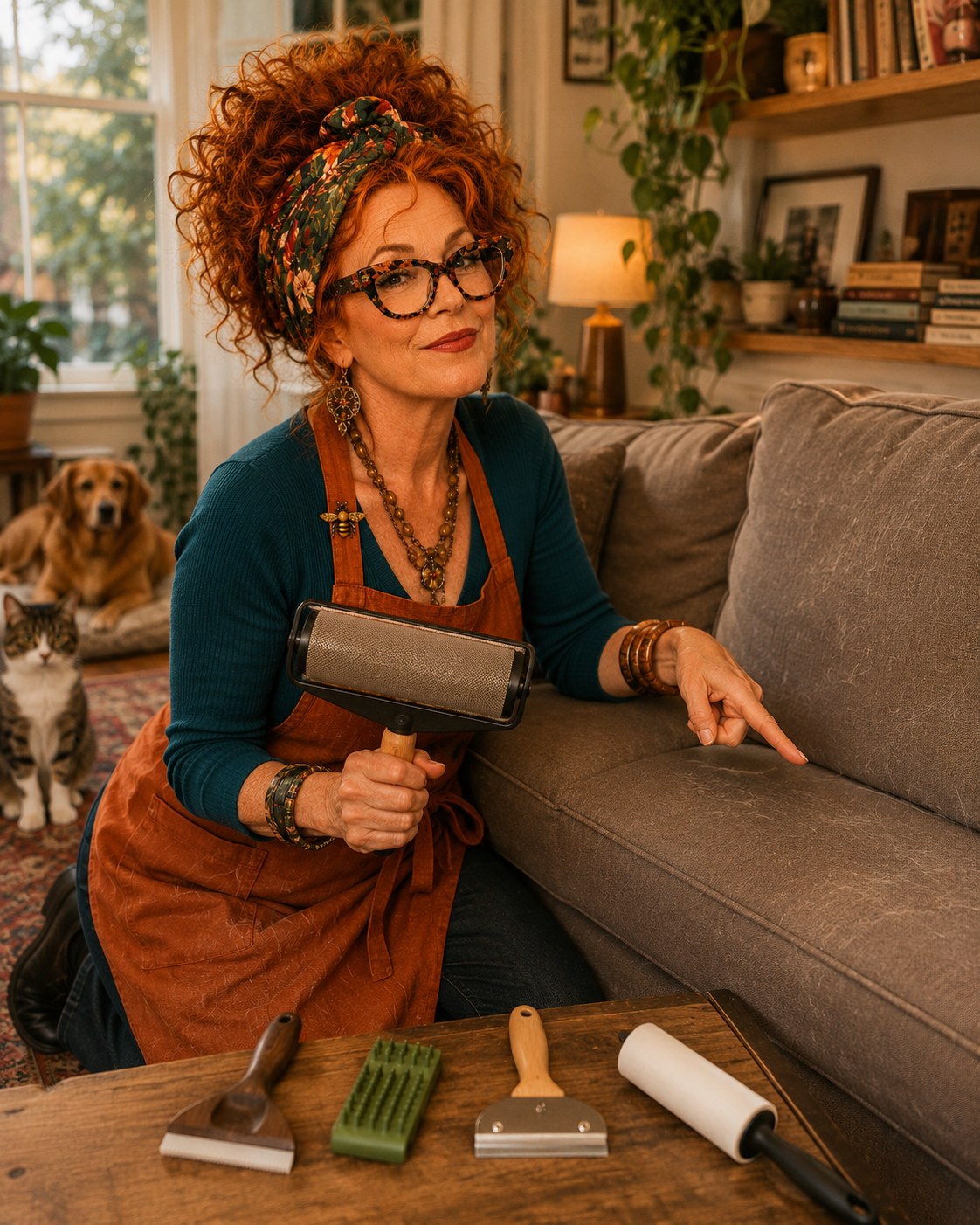 Winnie Hollowell comparing generic reusable pet-hair rollers and detail tools on a compact apartment sofa beside a relaxed cat and dog.