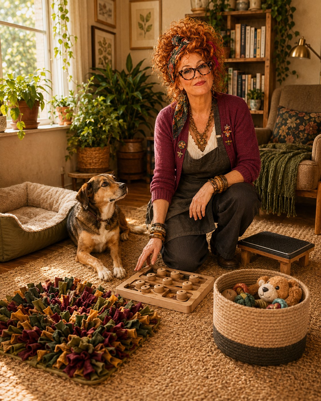 Winnie Hollowell setting up a quiet generic dog puzzle, sniffing mat, and toy basket on an apartment rug while a calm dog waits.