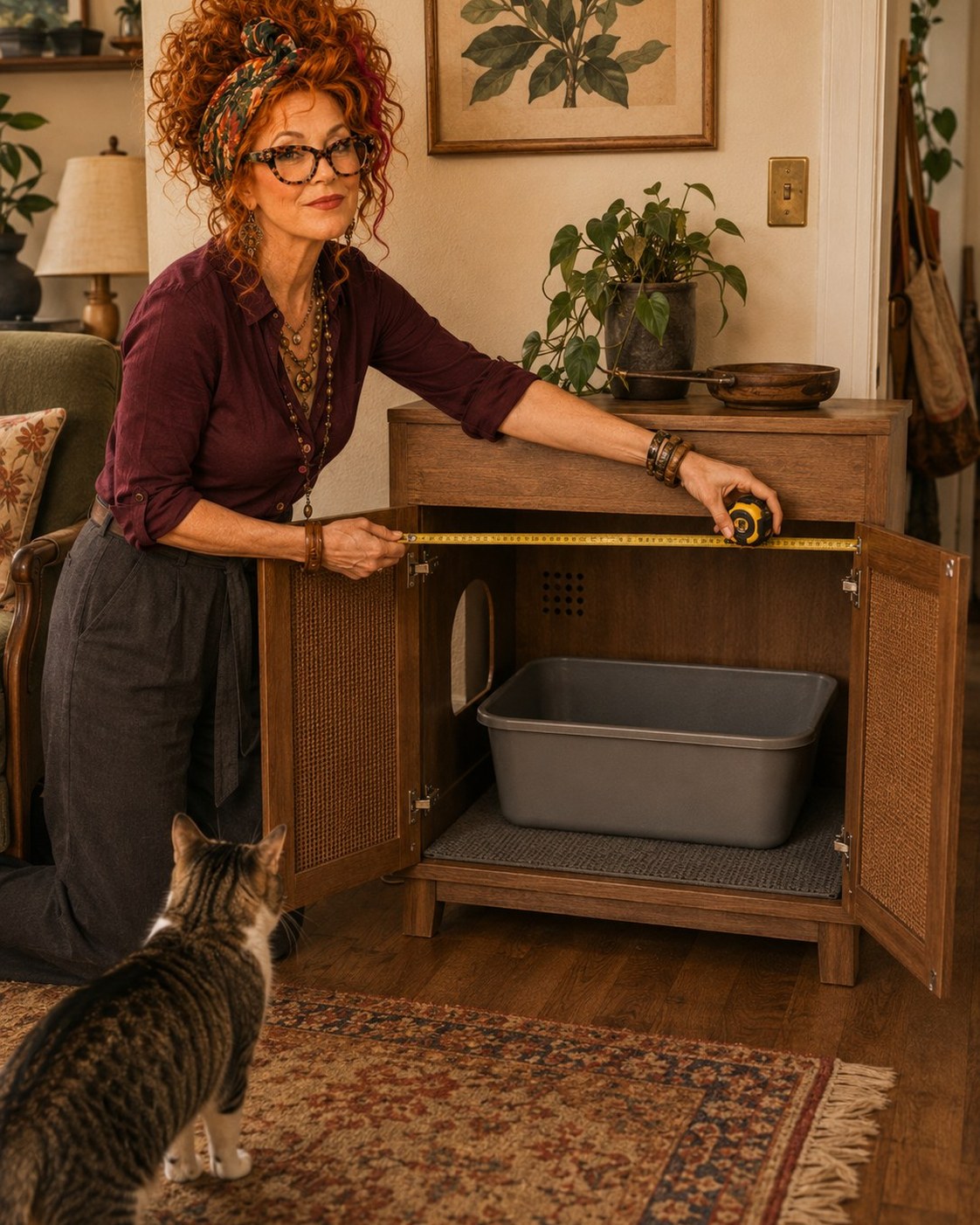 Winnie Hollowell measuring the interior and door swing of a generic litter-box cabinet in a small apartment while an adult cat stands nearby.