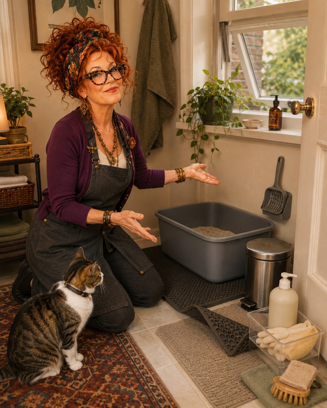 Winnie Hollowell organizing a generic litter scoop, sealed waste pail, washable mat, and open window near a clean apartment litter-box station.