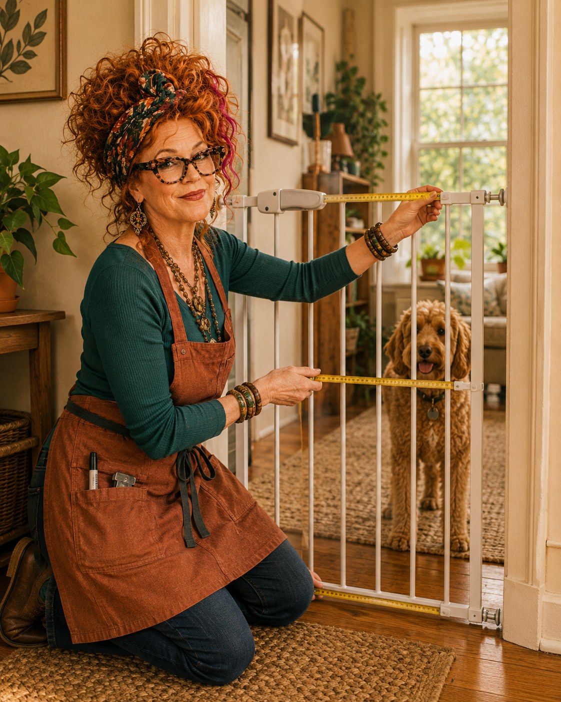Winnie Hollowell measuring a generic pressure-mounted pet gate in an apartment doorway while a calm dog waits on the other side.