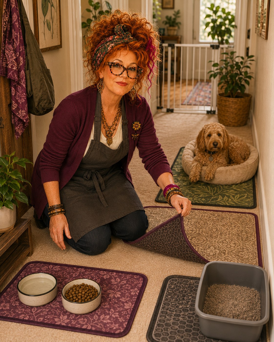 Winnie Hollowell arranging generic washable runners and mats along a pet travel path in a carpeted rental apartment.