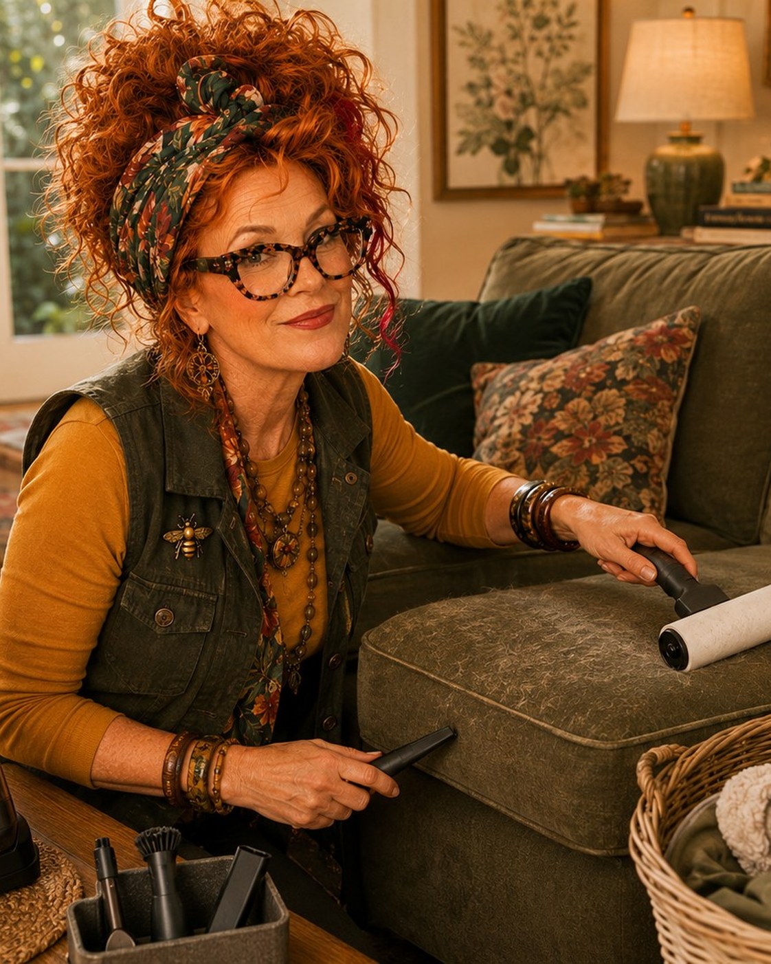Winnie Hollowell using a generic reusable pet-hair roller on a sofa cushion while clean bedding waits in a laundry basket.