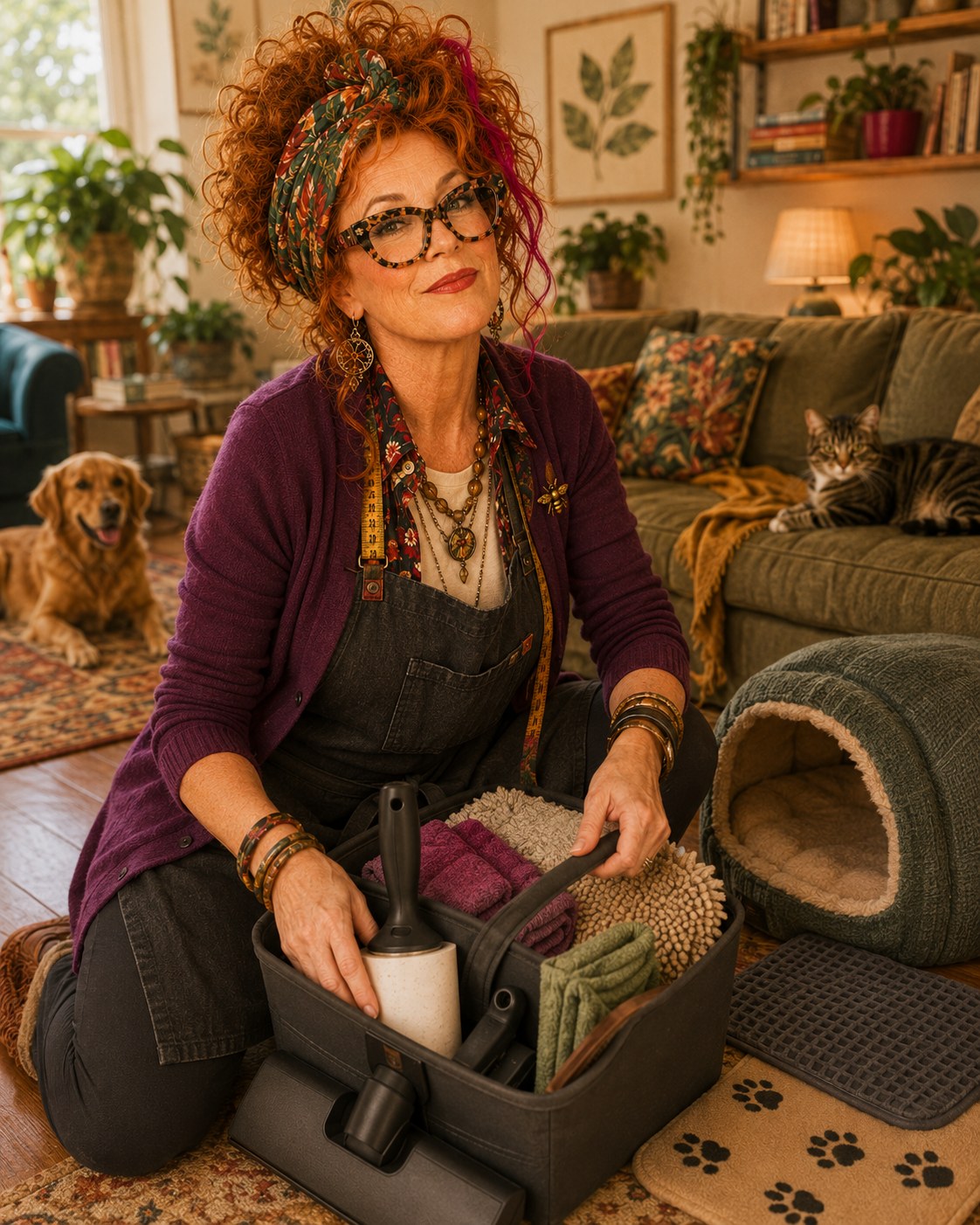 Winnie Hollowell organizing a compact pet-cleaning caddy beside a sofa, washable mat, pet bed, and tidy feeding zone.