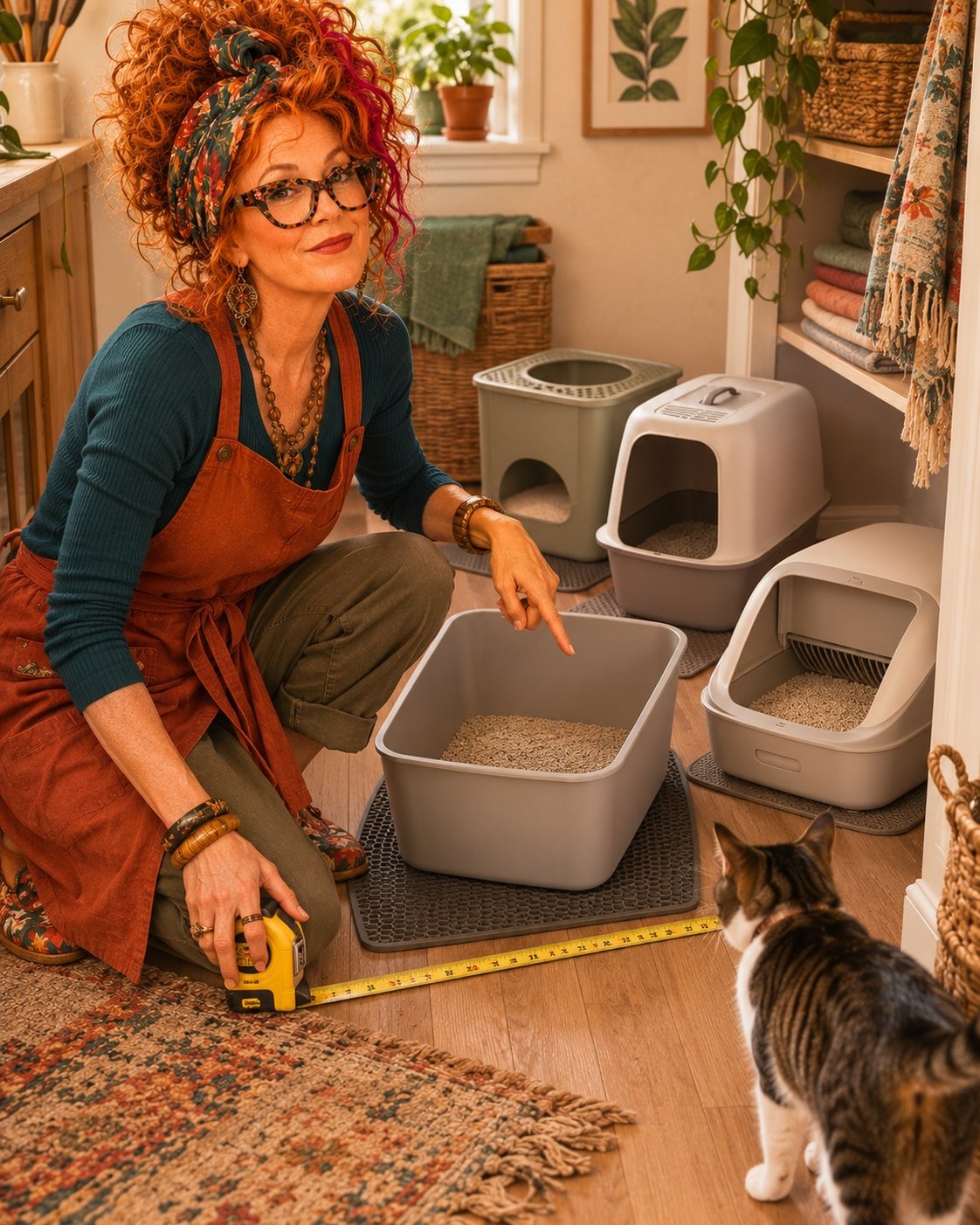 Winnie Hollowell measuring several generic litter-box shapes in a compact apartment while a relaxed adult cat observes from a safe distance.