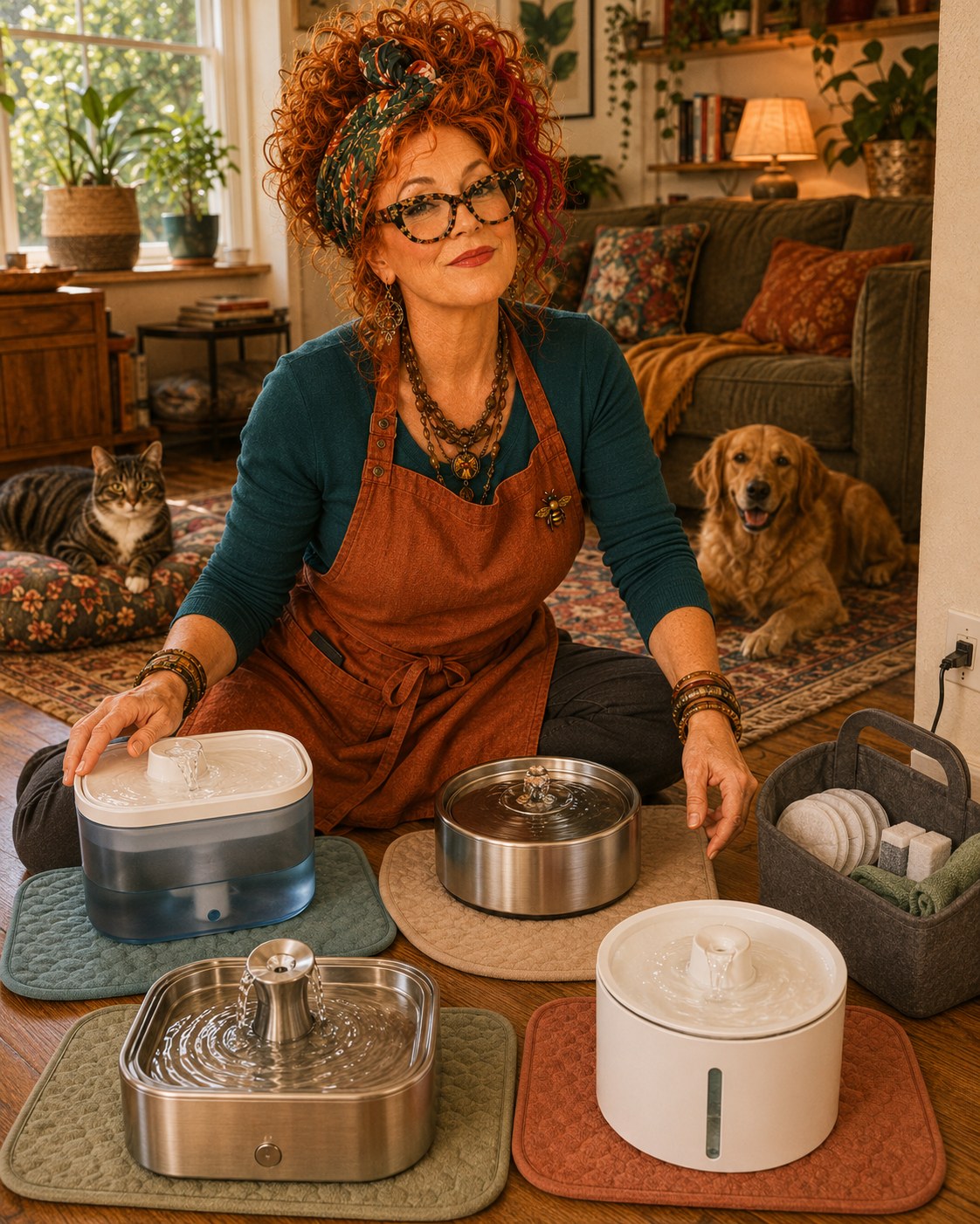 Winnie Hollowell comparing generic compact pet water fountain shapes on a washable mat in a small kitchen while a cat and dog wait nearby.