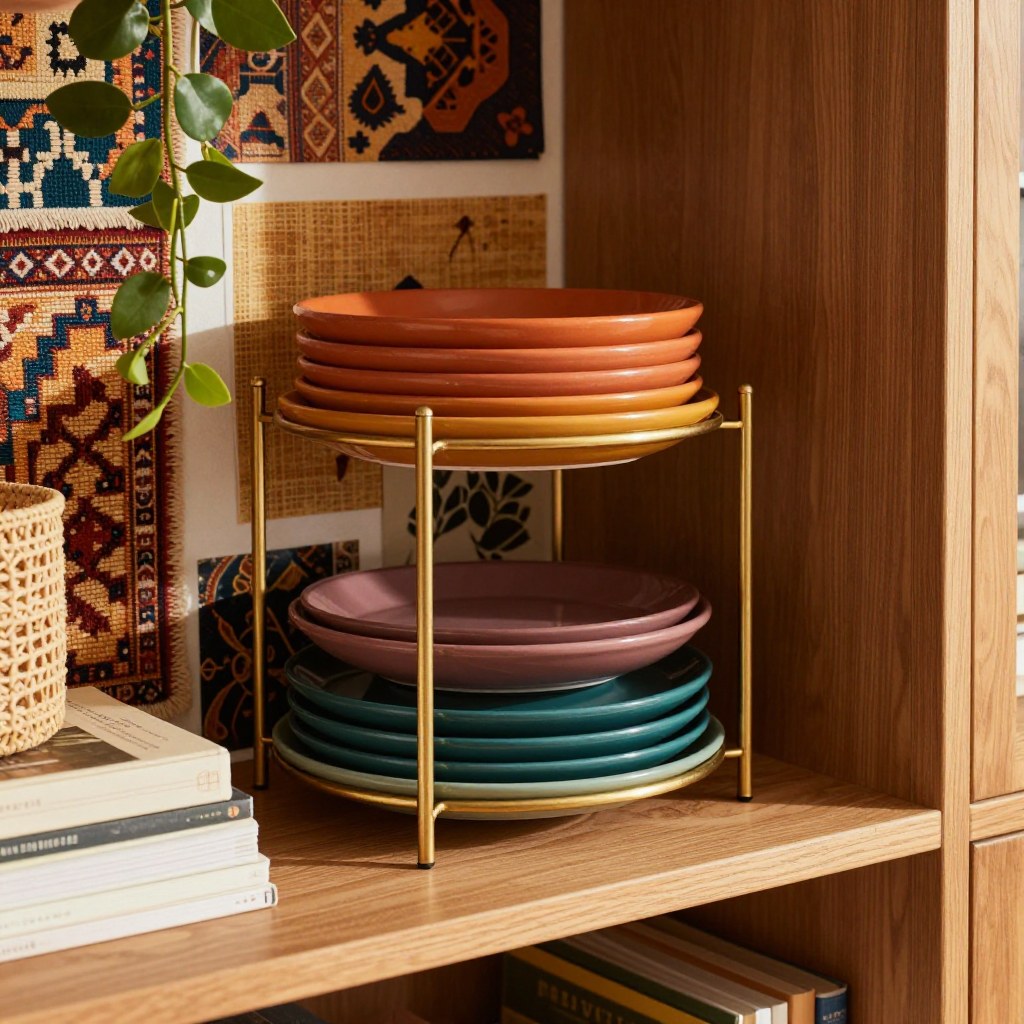 Placing a bowl onto a shelf riser stacked above a row of plates inside a cabinet