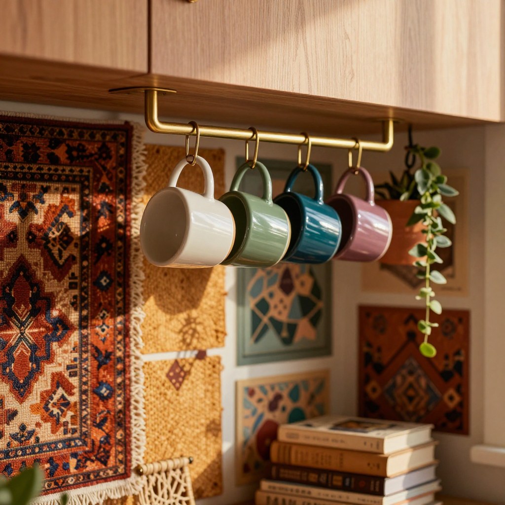 Reaching into an organized upper cabinet with a shelf riser and hooks for mugs and cups
