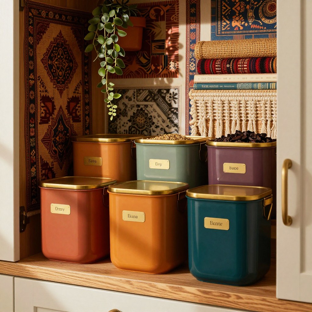 Clear pull-out bin sliding into an organized lower cabinet with tiered spice shelf