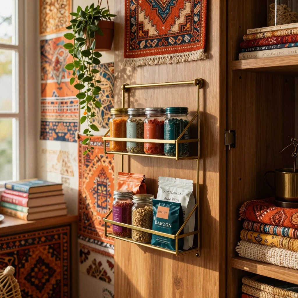 Over-door pantry rack holding spice jars and small packets