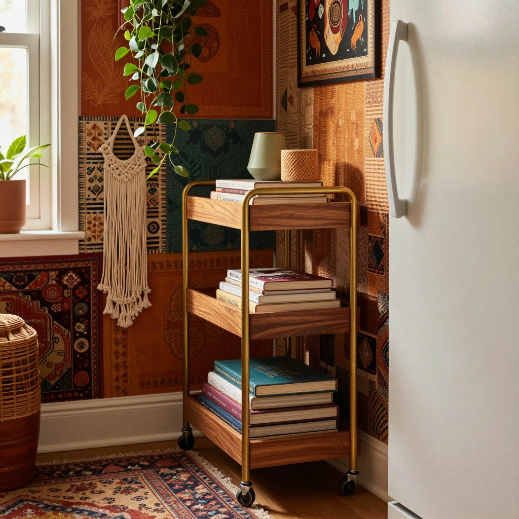 Slim rolling pantry cart fitting into a narrow gap beside the refrigerator