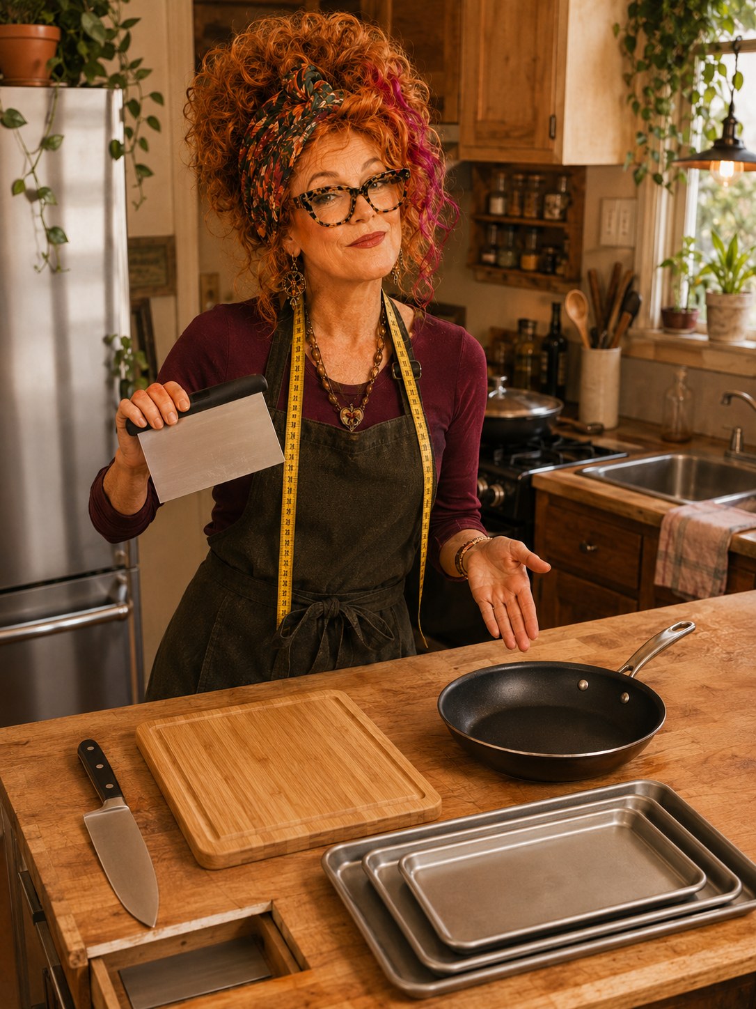 Winnie Hollowell arranging five practical starter tools on a compact apartment kitchen counter: a chef's knife, cutting board, frying pan, baking sheets, and bench scraper.