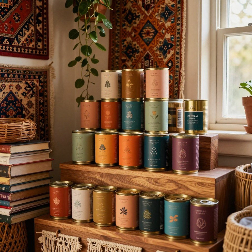 Arranging cans and jars on a shelf riser so every item sits visible in short rows