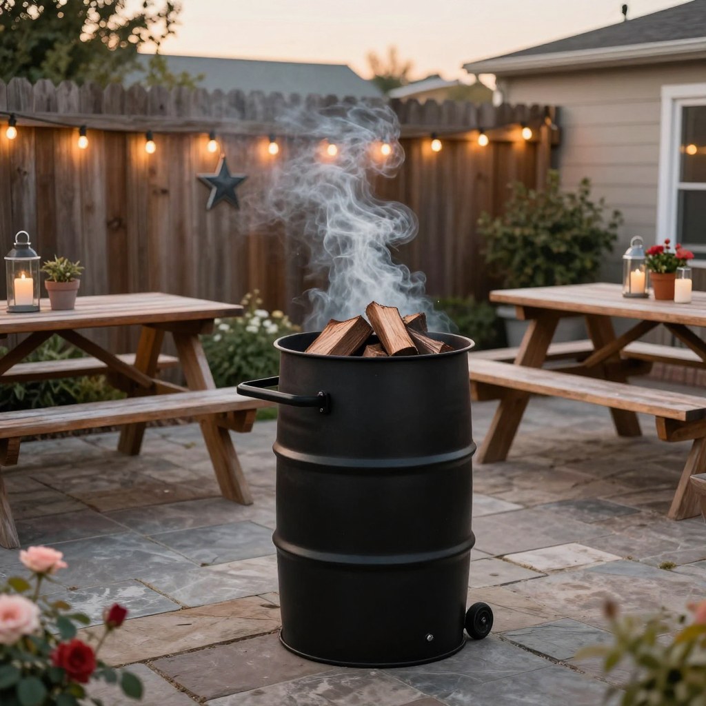 A backyard smoker with wood chunks loaded and smoke rising on a stone-paver patio, string lights glowing behind it at dusk