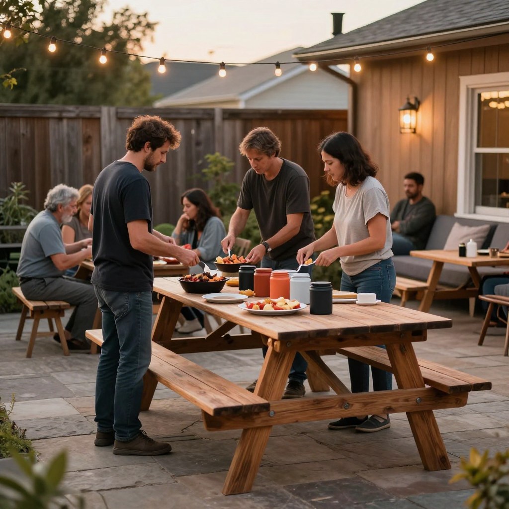 A backyard picnic table spread with barbecue food, guests serving themselves and chatting