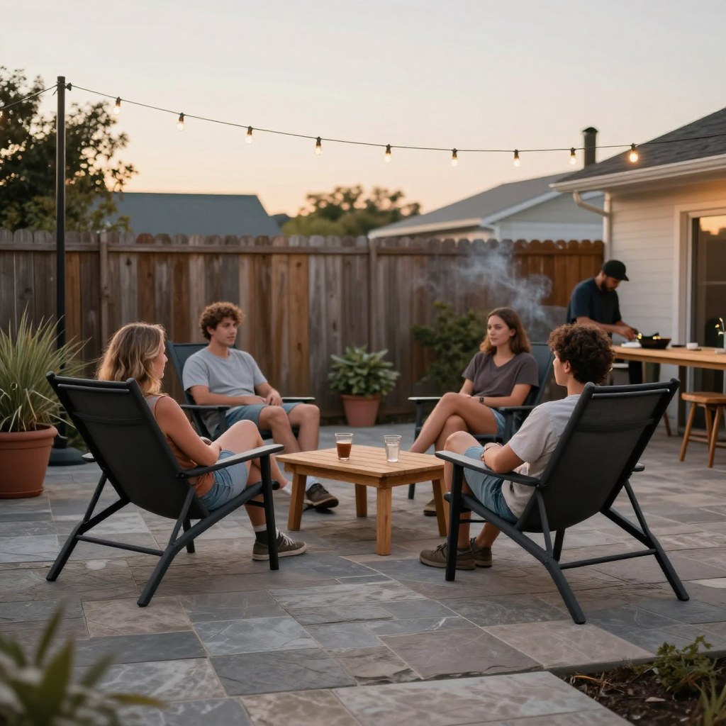 A stone-paver backyard patio at dusk, string lights glowing, a small group of people relaxing in outdoor lounge chairs