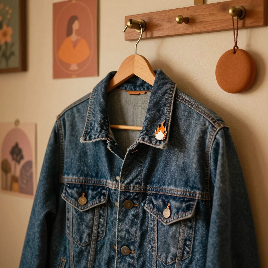 A denim jacket with a small enamel flame-shaped pin hanging on a wall hook