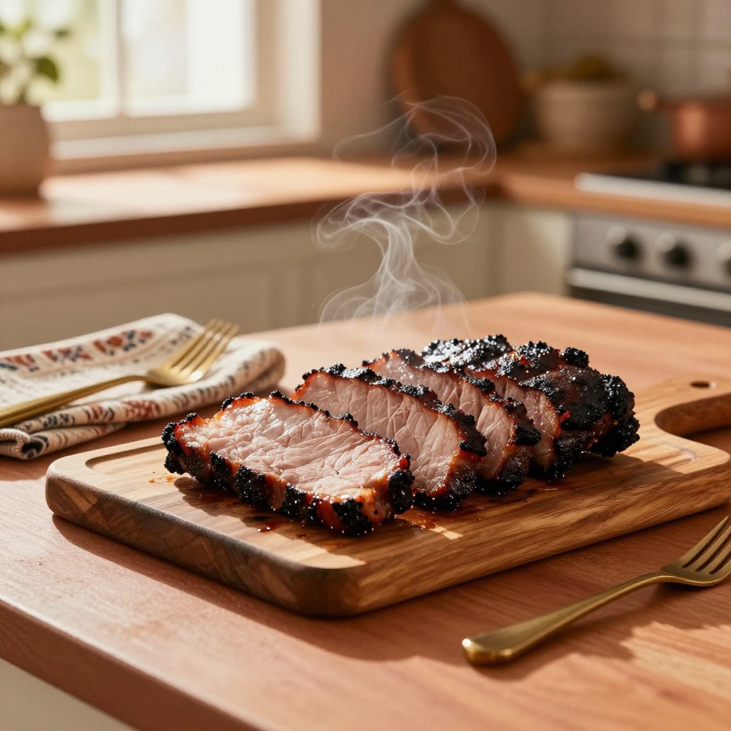A tray of sliced, tender smoked pork shoulder with a visible smoke ring, steam rising, ready to serve