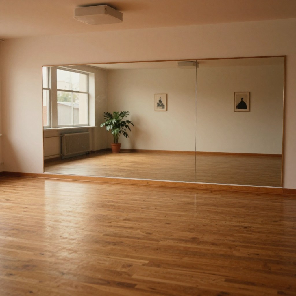 An empty dance studio interior with a mirrored wall, a warm wood-plank floor, and framed art on the wall
