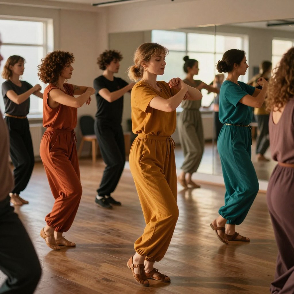 A small group of adults mid-dance-class in a mirrored studio, candid, mid-movement