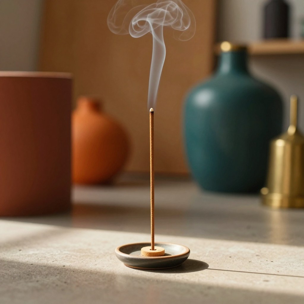 A stick of incense burning in a small ceramic holder on a studio floor, thin smoke rising